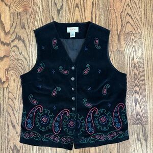 Talbots Black Vest with Embroidered Paisley Design